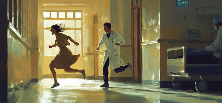 A patient running away from a doctor in illness denial