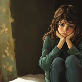 A painting of a sad young girl sitting in a room, representing learned helplessness in children