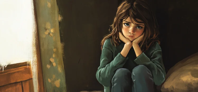 A painting of a sad young girl sitting in a room, representing learned helplessness in children