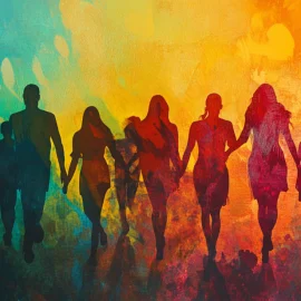 Silhouettes of people against a rainbow background representing the impact of culture