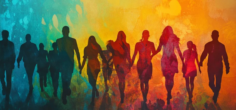 Silhouettes of people against a rainbow background representing the impact of culture