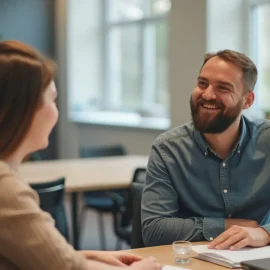 A smiling man talking with a woman in a conference room illustrates how to satisfy clients