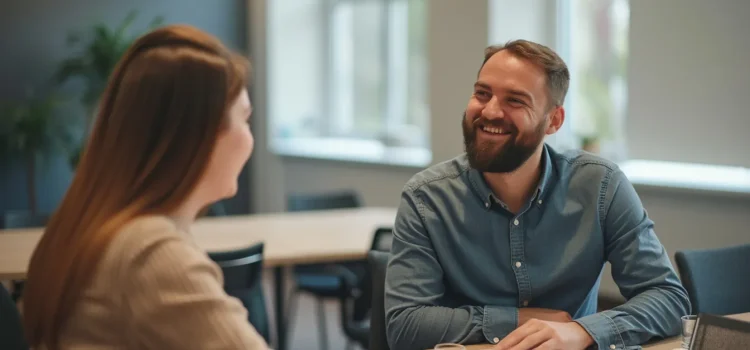 A smiling man talking with a woman in a conference room illustrates how to satisfy clients