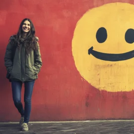 A smiling woman standing against a wall next to a large painted smiley face illustrates avoiding people who don’t support you