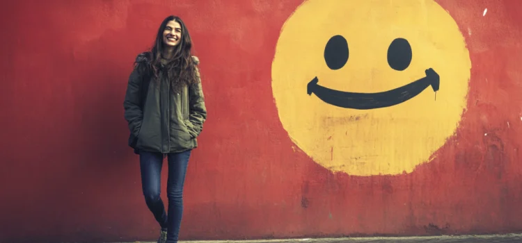 A smiling woman standing against a wall next to a large painted smiley face illustrates avoiding people who don’t support you