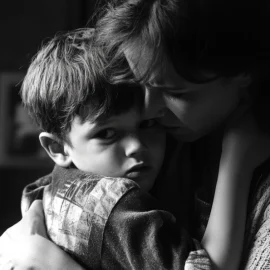 A black and white image of a mother hugging her son, who looks distressed, showing children's emotions and feelings