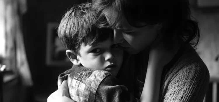 A black and white image of a mother hugging her son, who looks distressed, showing children's emotions and feelings