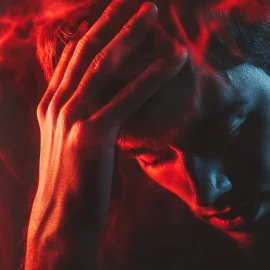 Red aura coming out a stressed man's head, showing how stress causes high blood pressure