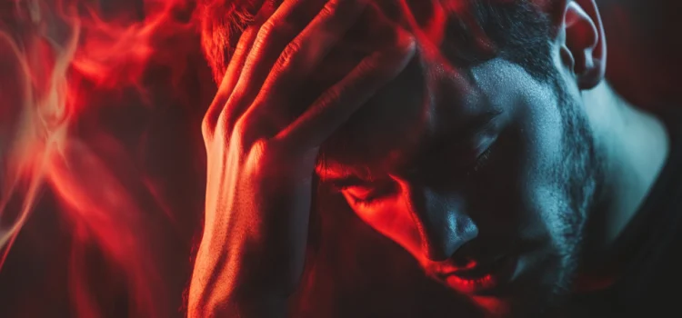 Red aura coming out a stressed man's head, showing how stress causes high blood pressure