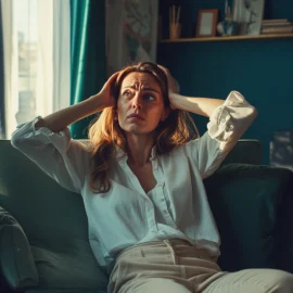 A middle aged woman sitting on a couch in a living room. She looks stressed and is clutching her head, representing her negative thought patterns