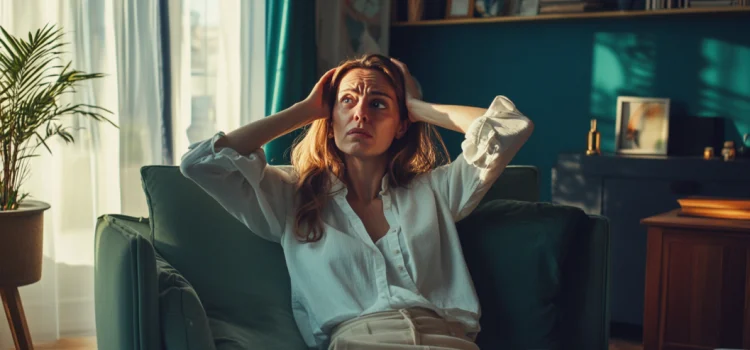 A middle aged woman sitting on a couch in a living room. She looks stressed and is clutching her head, representing her negative thought patterns