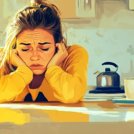 A stressed looking woman leaning on a kitchen counter, representing managing expectations as a parent