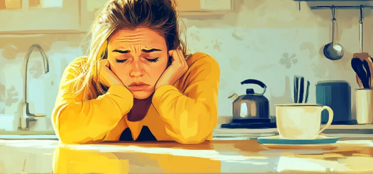 A stressed looking woman leaning on a kitchen counter, representing managing expectations as a parent