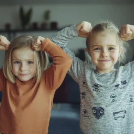 Two young sisters standing in a living room flexing their arms to show that they are strong children