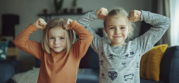 Two young sisters standing in a living room flexing their arms to show that they are strong children