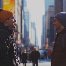 Two men talking to each other in a city, both understanding different perspectives