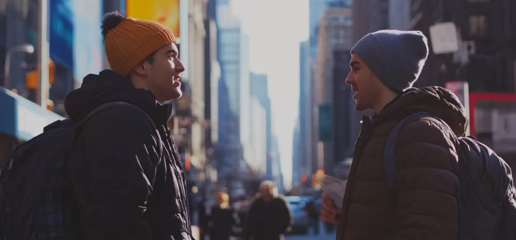 Two men talking to each other in a city, both understanding different perspectives