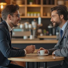 Two professional men in suits meeting at a cafe illustrates how to get clients for a marketing agency