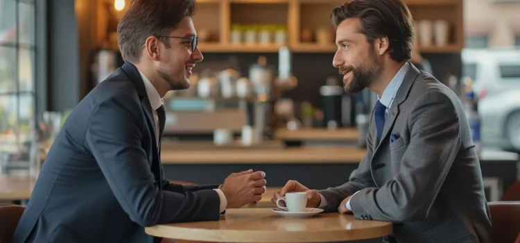 Two professional men in suits meeting at a cafe illustrates how to get clients for a marketing agency