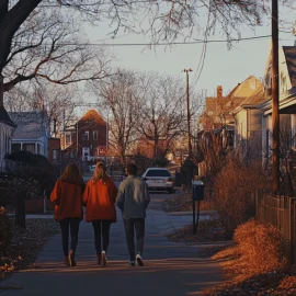 Two women and one man taking a walk in a neighborhood in autumn. They look secure in a poly relationship