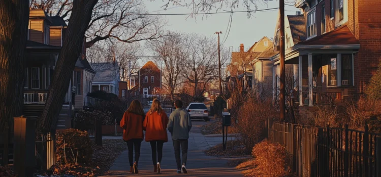 Two women and one man taking a walk in a neighborhood in autumn. They look secure in a poly relationship