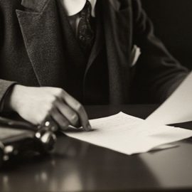 A vintage sepia image of a man in a suit sitting at a desk and reading a letter