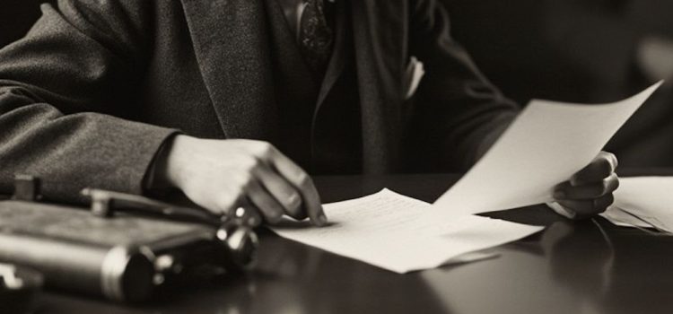 A vintage sepia image of a man in a suit sitting at a desk and reading a letter