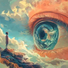 An illustration of a young man looking at a giant eye, symbolizing the visionary mindset