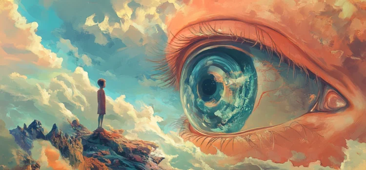 An illustration of a young man looking at a giant eye, symbolizing the visionary mindset