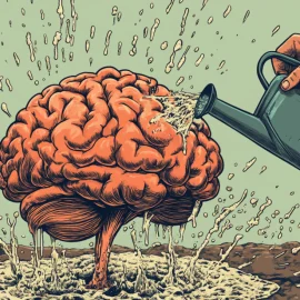 A person watering a brain with a watering can, representing growth mindset benefits