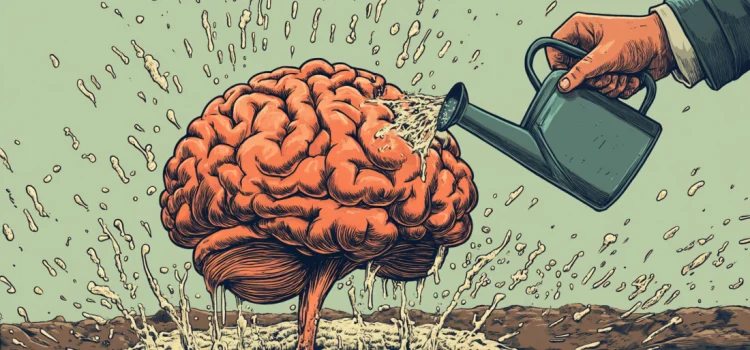 A person watering a brain with a watering can, representing growth mindset benefits