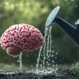 A watering can watering a brain outside, representing what neuroplasticity is and how it works