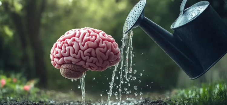 A watering can watering a brain outside, representing what neuroplasticity is and how it works