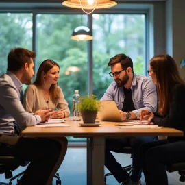 A team of two men and two women holding a weekly meeting in an open workspace