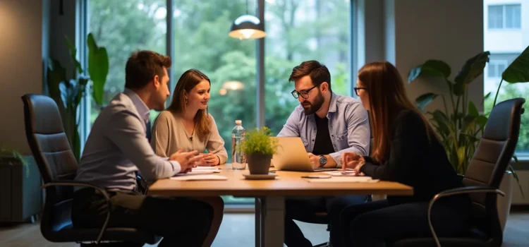 A team of two men and two women holding a weekly meeting in an open workspace