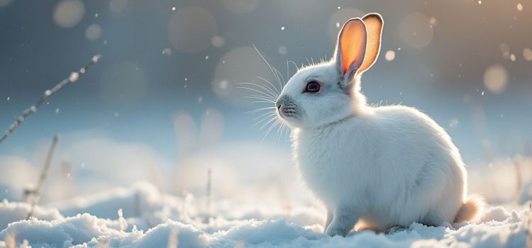 A white rabbit in winter illustrates natural selection in evolution