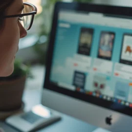 A woman looking at a variety of knowledge products (digital books) a computer screen