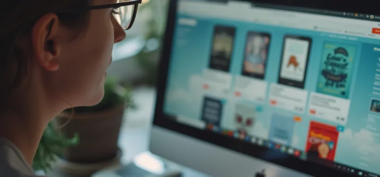 A woman looking at a variety of knowledge products (digital books) a computer screen