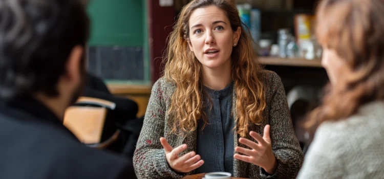 A woman who knows how to engage people, talking to them at a coffee shop