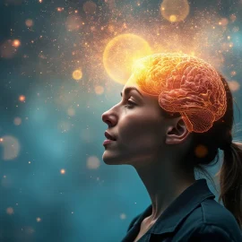 A woman who is experiencing awe and whose brain is shining illustrates the science of awe