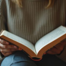 A woman in a taupe sweater reading a hardcover book