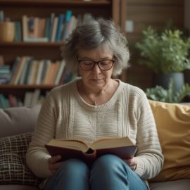 A grey-haired woman with glasses reading a book and sitting on a couch at home with bookshelves and plants in the background