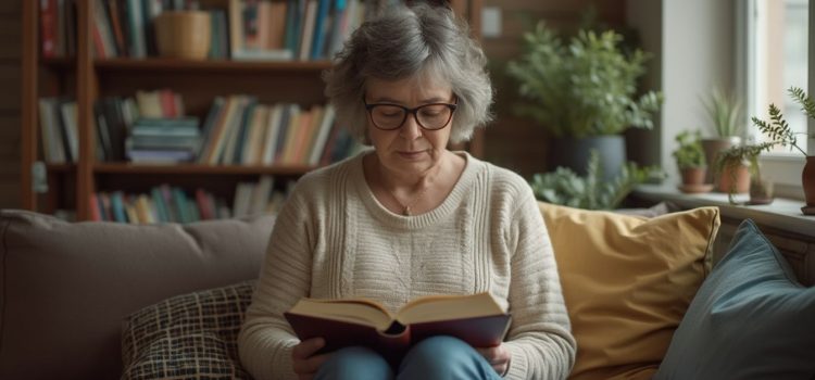 A grey-haired woman with glasses reading a book and sitting on a couch at home with bookshelves and plants in the background