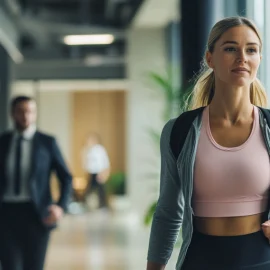 A woman in workout clothes walking in an office returning to work after exercising illustrates a productive lifestyle