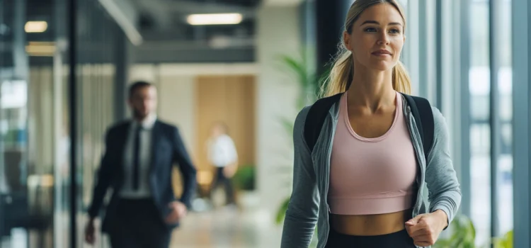 A woman in workout clothes walking in an office returning to work after exercising illustrates a productive lifestyle