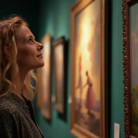 A person filled with awe while looking at a beautiful piece of art in a gallery illustrates the power of awe-inspiring art