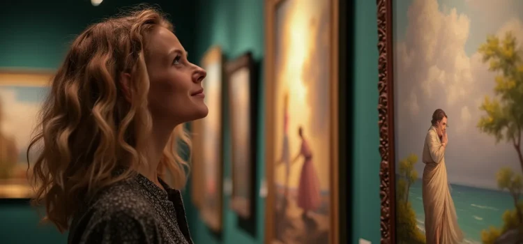 A person filled with awe while looking at a beautiful piece of art in a gallery illustrates the power of awe-inspiring art