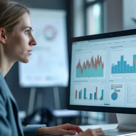 A woman with a blue jacket and a ponytail looking at profitability indicators on a computer screen