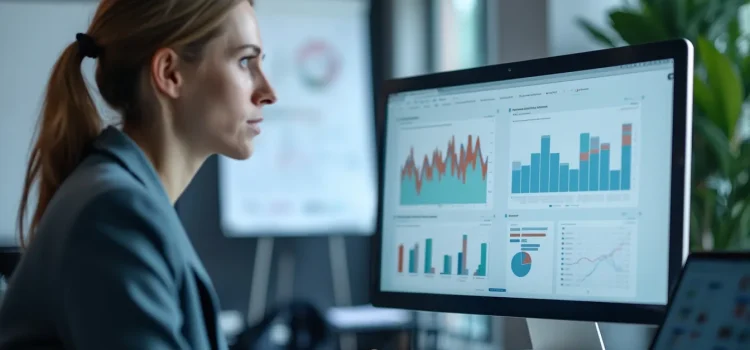 A woman with a blue jacket and a ponytail looking at profitability indicators on a computer screen