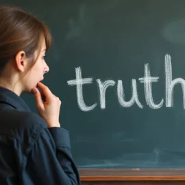 A woman with a dark blue shirt and a ponytail looking at "Truth?" written on a chalkboard